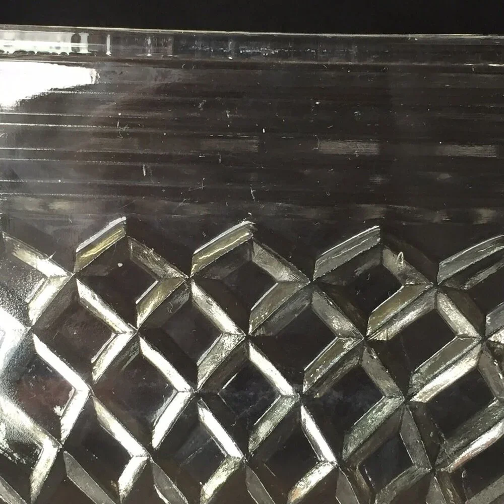 Vintage Clear Cut Glass Square Serving Bowl Dish Geometric Diamonds Retro Ornate
